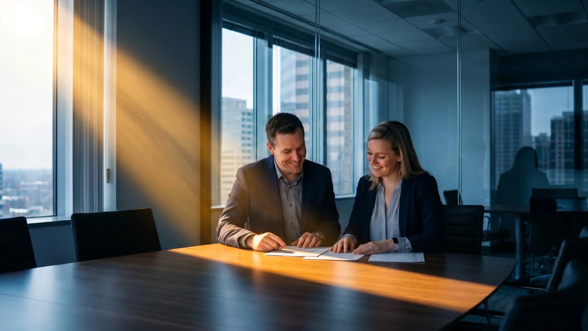 Two experts reviewing documents together in an office