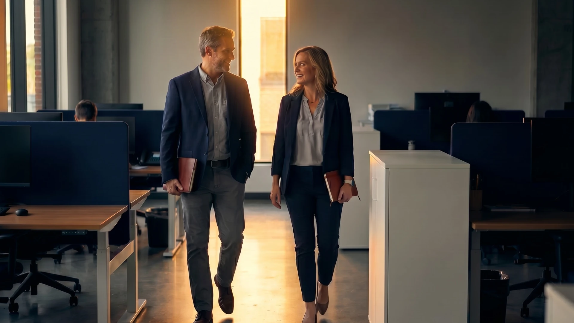 Two XBP professionals walking through a modern office