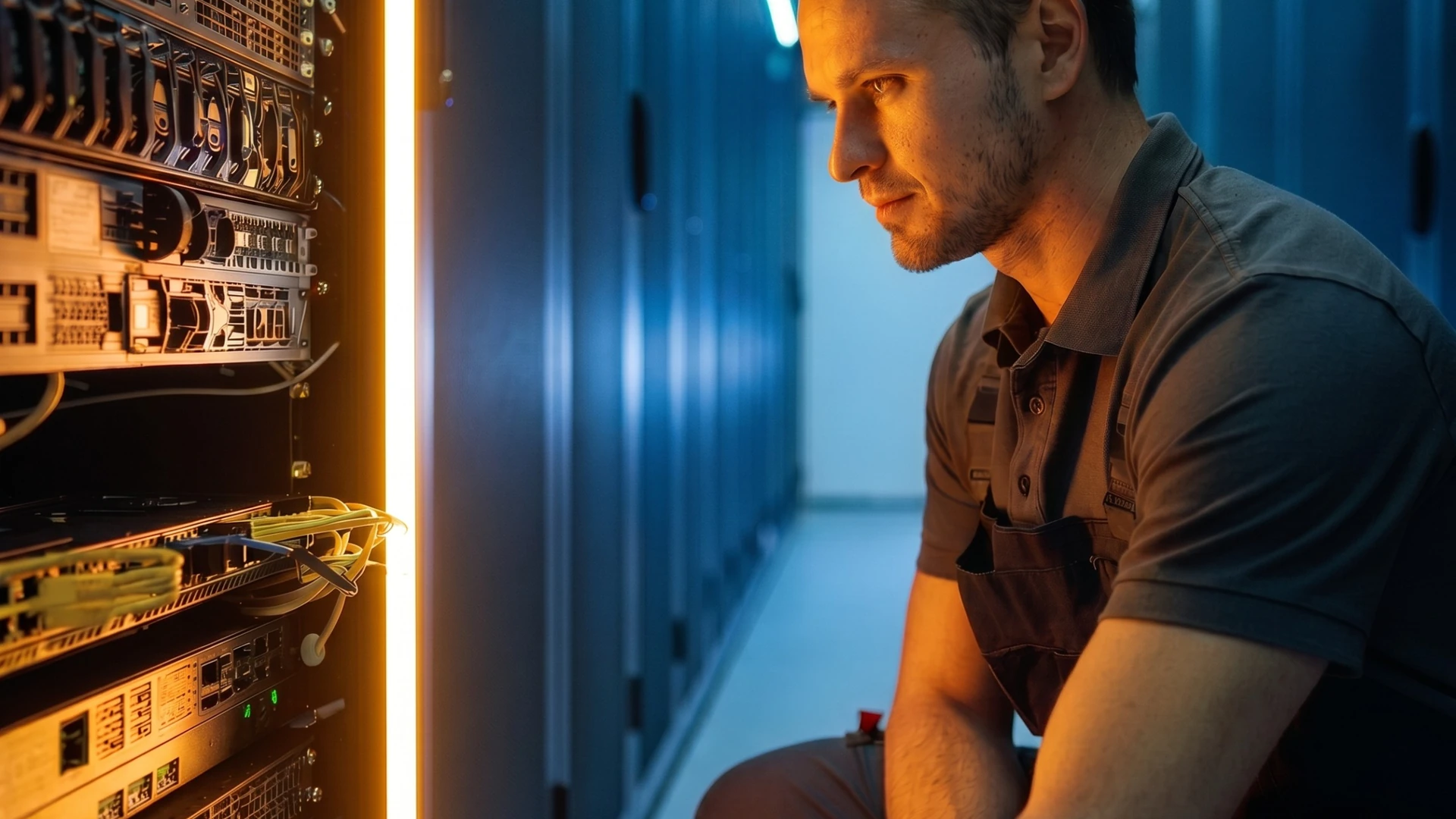 Engineer inspecting servers in a private data center